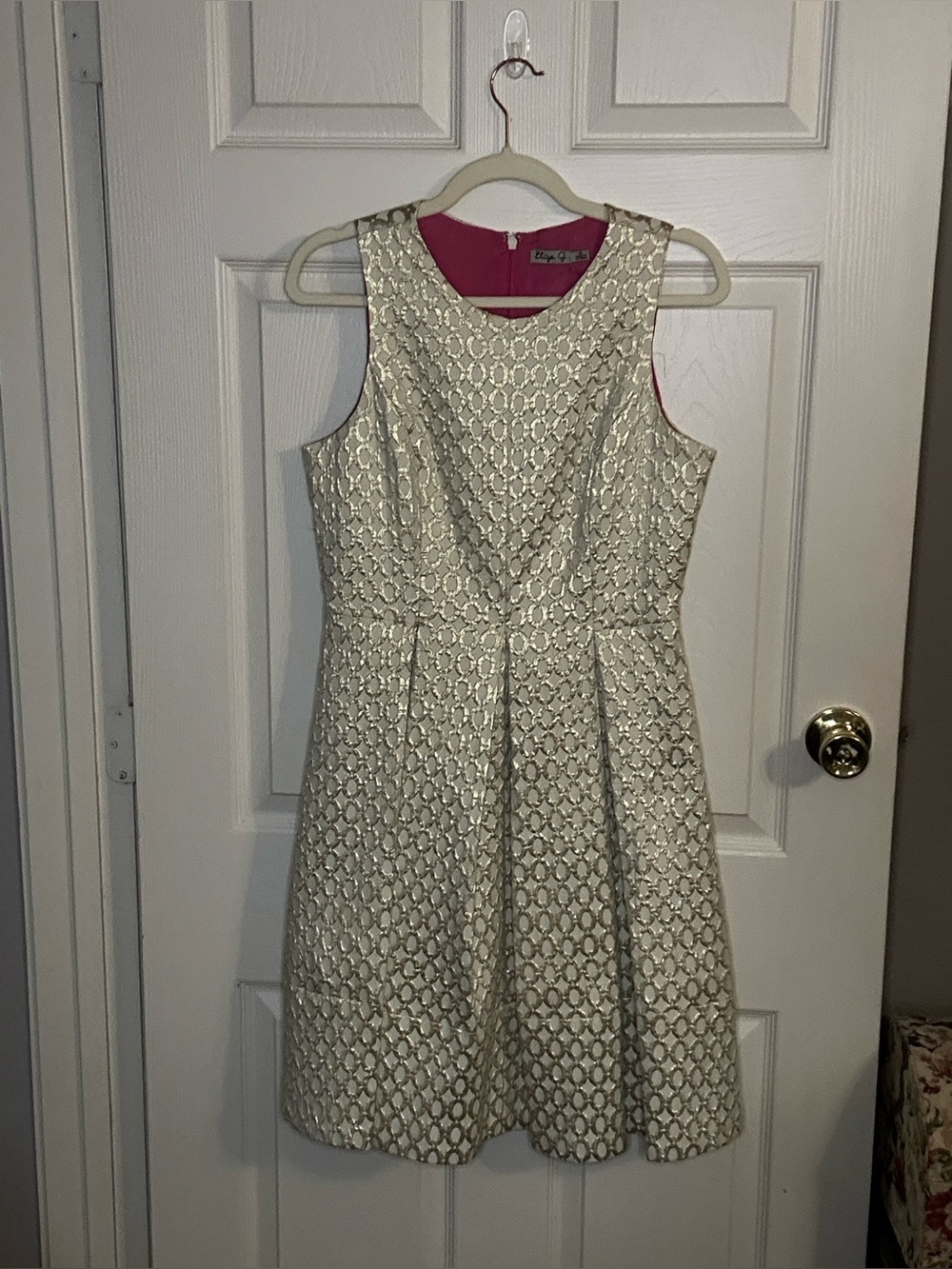 Eliza J Cream and Gold Brocade Fit-and-Flare Dress